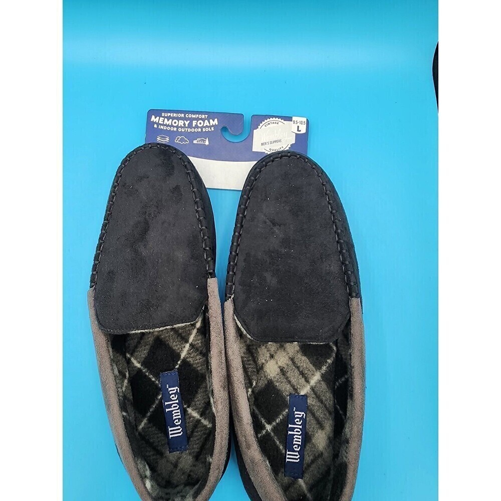 NEW Wembley Mens Slippers Memory Foam Black L 9.5-10.5 House Shoes Comfort Cozy